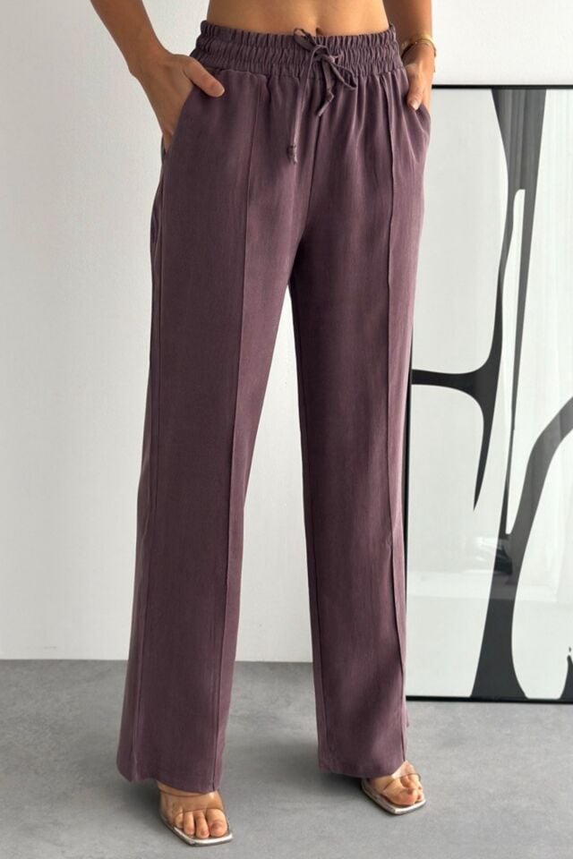 Balenbi Bağcıklı Beli Lastikli Çımalı Palazzo Gabardin Kadın Pantolon 1205 - Form Serisi Bordo - 36