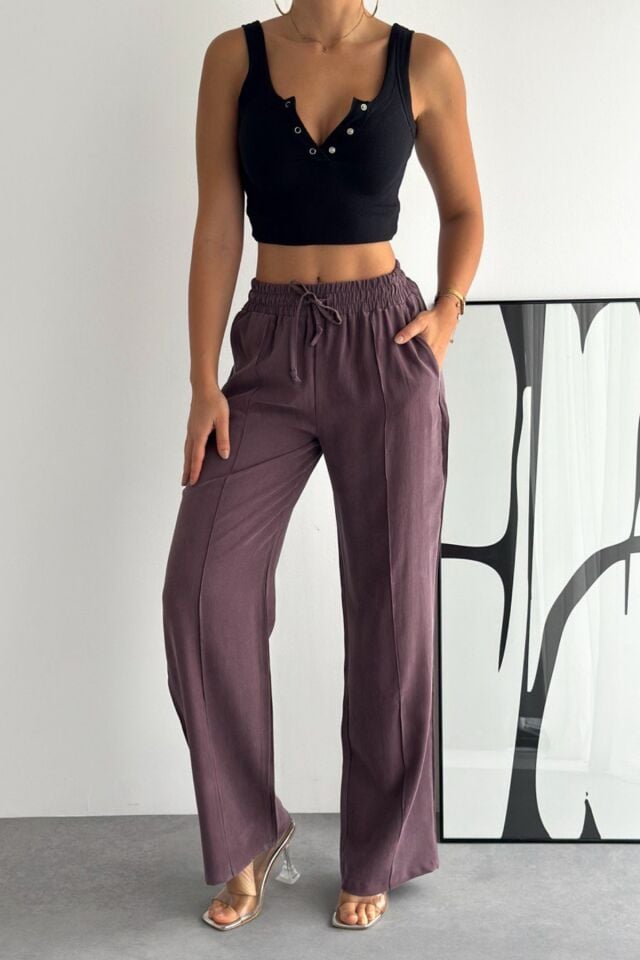 Balenbi Bağcıklı Beli Lastikli Çımalı Palazzo Gabardin Kadın Pantolon 1205 - Form Serisi Bordo - 36