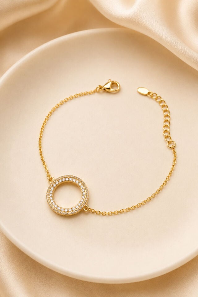 Balenbi Jewelry Kadın Çift Sıra Taşlı Halka Figürlü Kararmaz Çelik Bileklik Gold Renk 1127