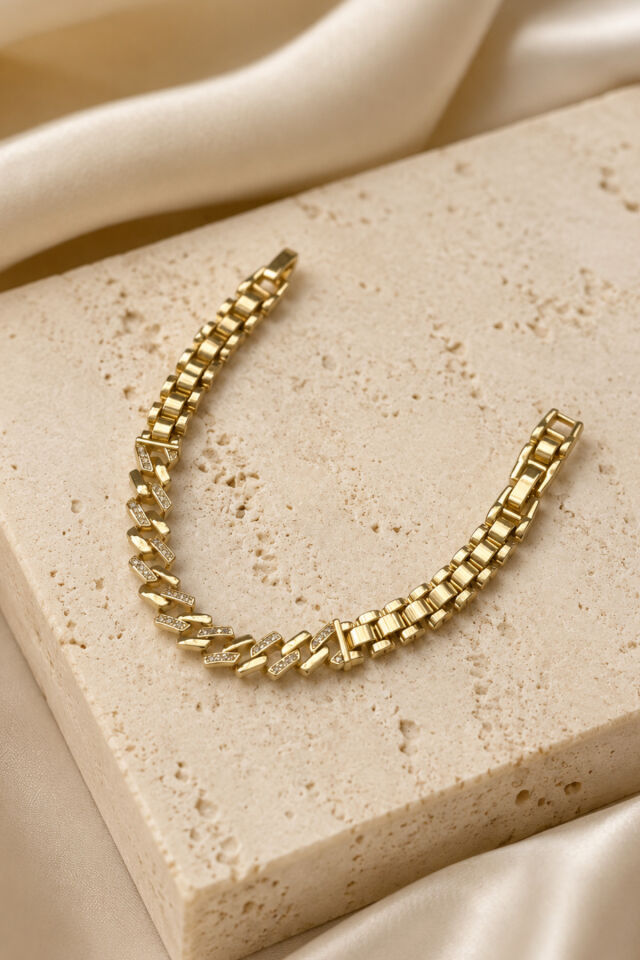 Balenbi Jewelry Kadın Taşlı Çapraz Geometrik Zincir Kararmaz Çelik Bileklik Gold Renk 1130