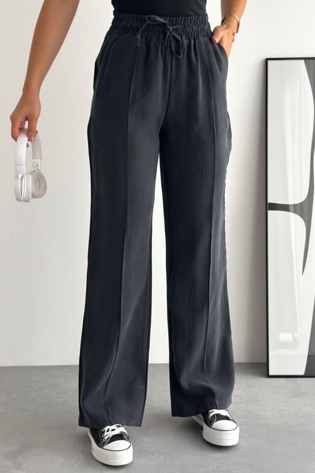 Balenbi Bağcıklı Beli Lastikli Çımalı Palazzo Gabardin Kadın Pantolon 1205 - Form Serisi Antrasit - 38