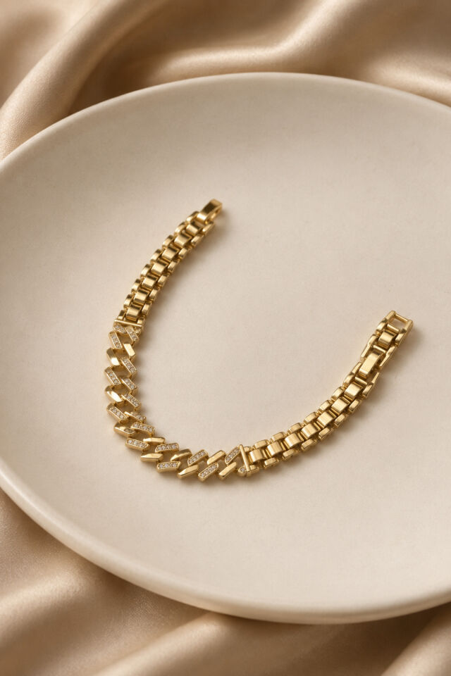Balenbi Jewelry Kadın Taşlı Çapraz Geometrik Zincir Kararmaz Çelik Bileklik Gold Renk 1130 Altın