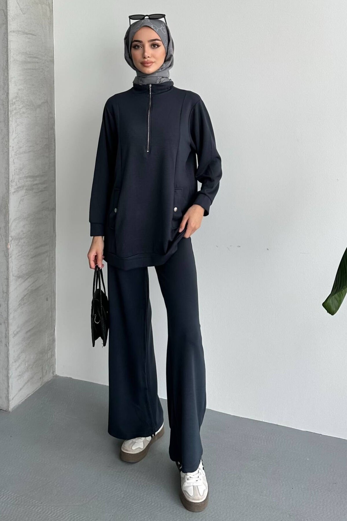 Feela Moda Kadın Modal Penye Oversize Metal Fermuar Tesettür Tunik Takım 2021 L - Antrasit