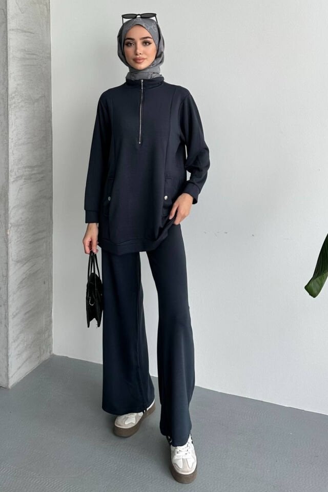 Feela Moda Kadın Modal Penye Oversize Metal Fermuar Tesettür Tunik Takım 2021 Antrasit - L