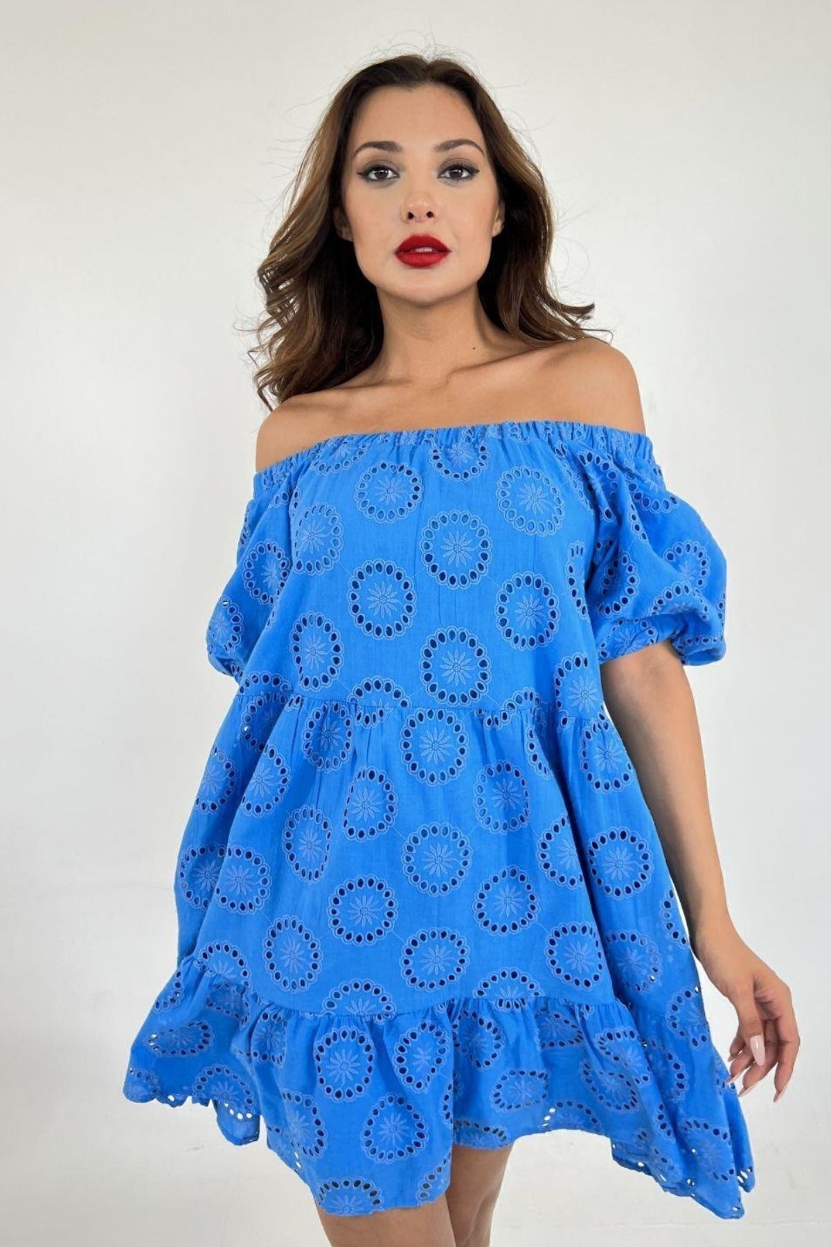 Balenbi Kadın Kolu Büzgüllü Düşük Omuz Yazlık Elbise 1083 S - Mavi