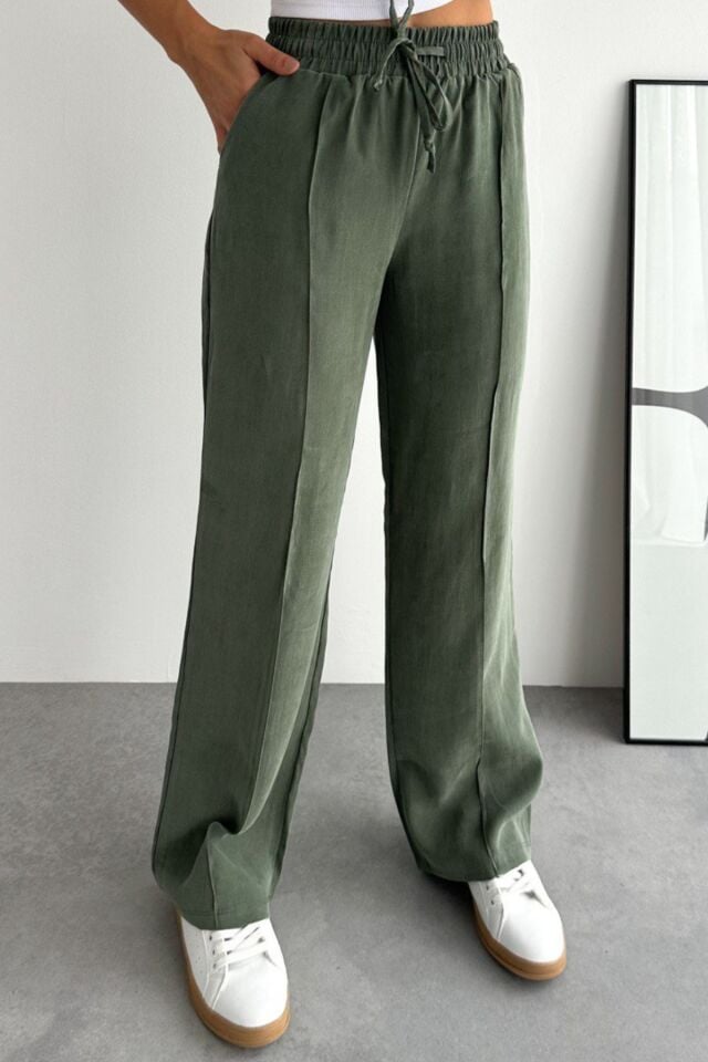 Balenbi Bağcıklı Beli Lastikli Çımalı Palazzo Gabardin Kadın Pantolon 1205 - Form Serisi Yeşil - 38