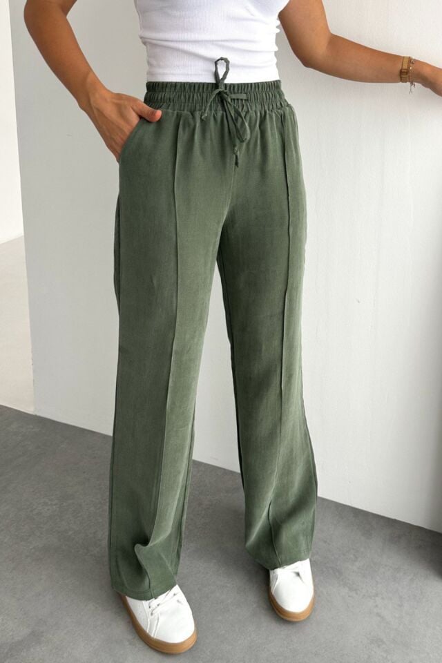 Balenbi Bağcıklı Beli Lastikli Çımalı Palazzo Gabardin Kadın Pantolon 1205 - Form Serisi Yeşil - 38