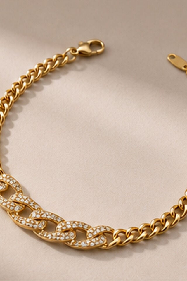 Balenbi Jewelry Kadın Taşlı Kalın Gurmet Zincir Kararmaz Çelik Bileklik Gold Renk 1132