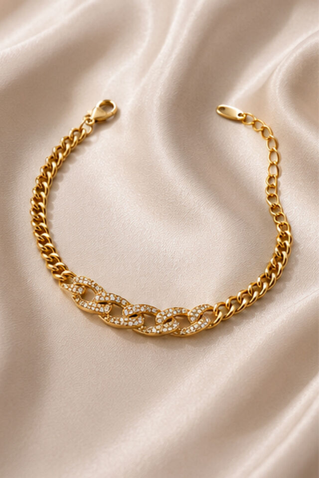 Balenbi Jewelry Kadın Taşlı Kalın Gurmet Zincir Kararmaz Çelik Bileklik Gold Renk 1132