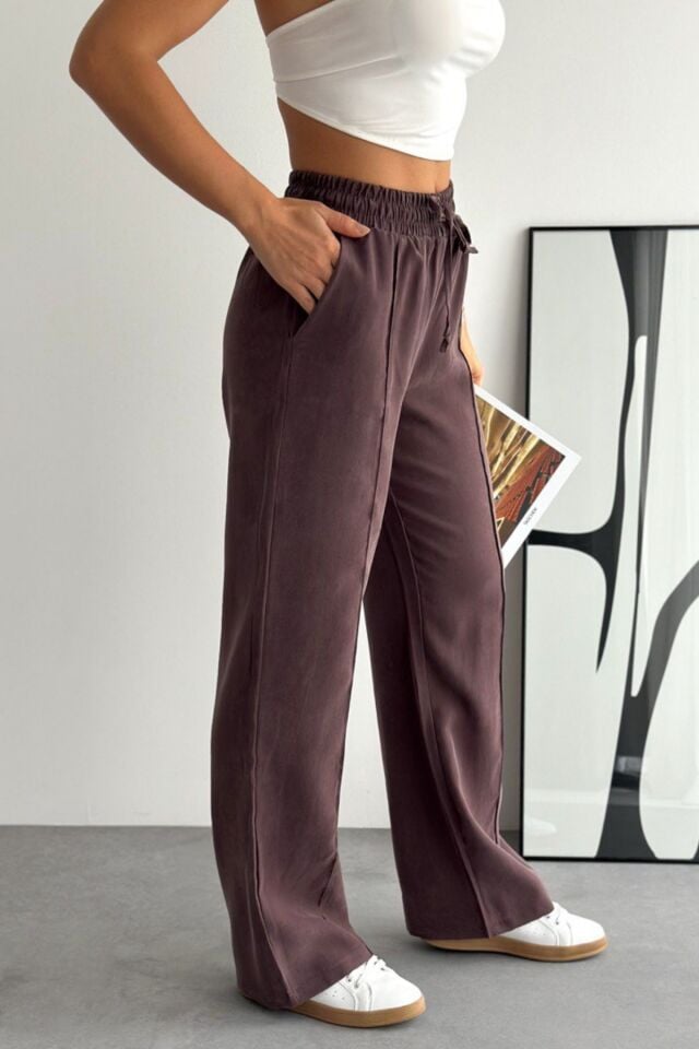 Balenbi Bağcıklı Beli Lastikli Çımalı Palazzo Gabardin Kadın Pantolon 1205 - Form Serisi Kahverengi - 36