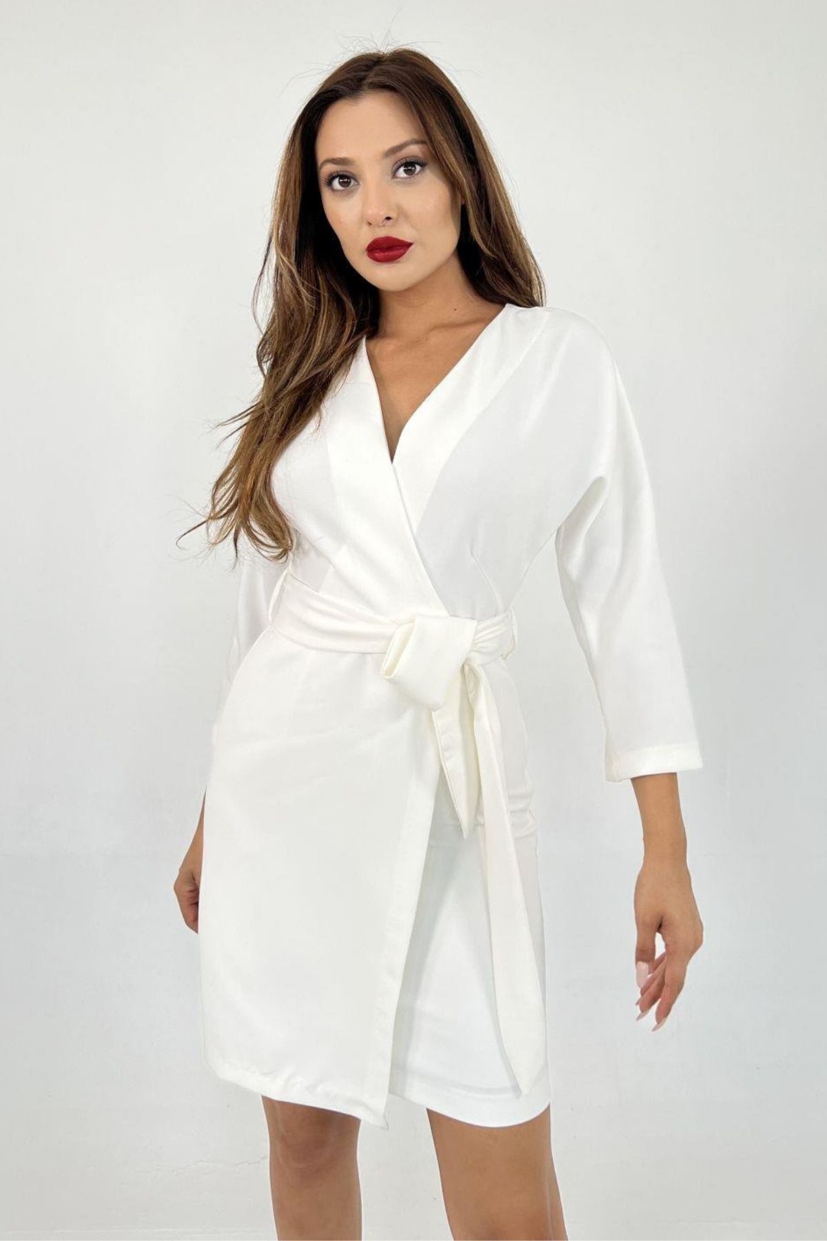 Balenbi Kadın Kruvaze Model Kuşaklı Double Krep Yazlık Elbise 1081 S - Ekru