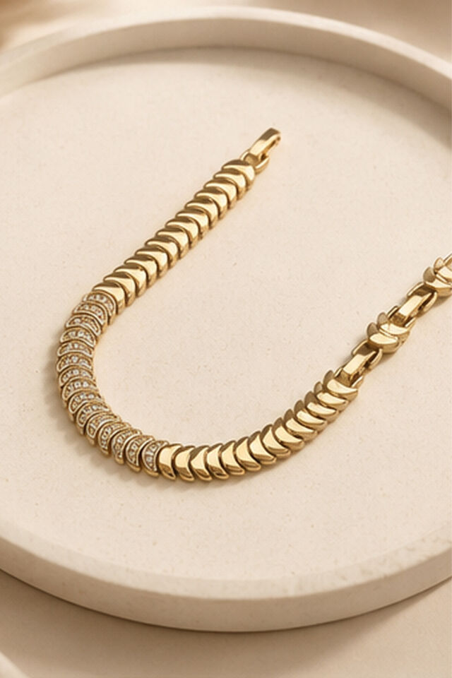 Balenbi Jewelry Kadın Taşlı Balık Sırtı Model Kararmaz Çelik Bileklik 14K Gold Renk 1133 Altın