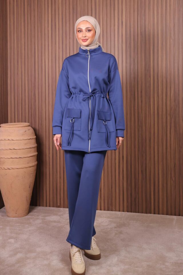 Balenbi Kadın Scuba Kumaş Cep Detaylı Fermuarlı Tesettür Takım 1120 M - Lacivert