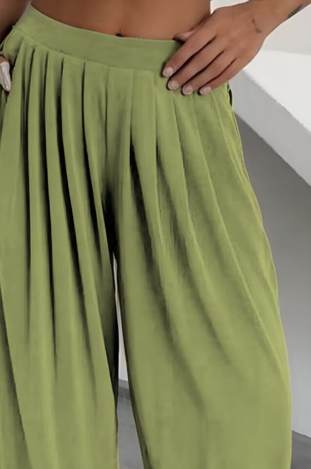 Feela Moda Premium Modal Kumaş Pileli Şalvar Kadın Pantolon 2012 40 - Haki