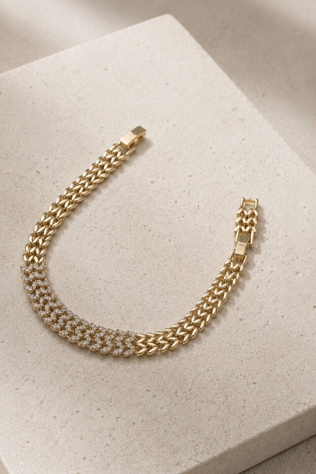 Balenbi Jewelry Kadın Taşlı Çift Sıralı Gurmet Zincir Kararmaz Çelik Bileklik 14K Gold Renk 1134 Altın
