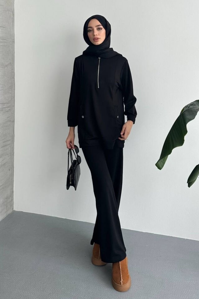 Feela Moda Kadın Modal Oversize Metal Fermuar Tesettür Tunik Takım 2021 2XL - Siyah