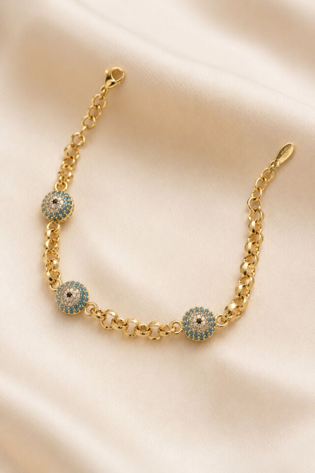 Balenbi Jewelry Kadın Üçlü Nazar Boncuklu Taşlı Kararmaz Çelik Bileklik 14K Gold Renk 1135 Altın