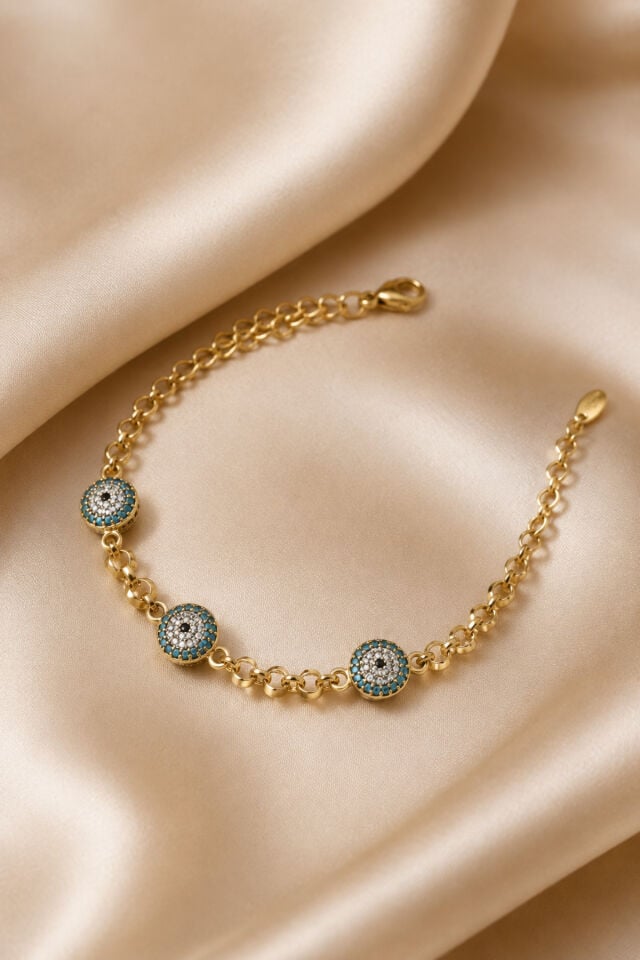 Balenbi Jewelry Kadın Üçlü Nazar Boncuklu Taşlı Kararmaz Çelik Bileklik 14K Gold Renk 1135 Altın