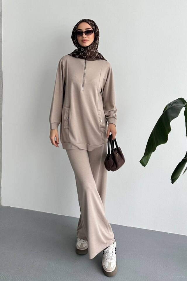 Feela Moda Kadın Modal Penye Oversize Metal Fermuar Tesettür Tunik Takım 2021 Bej - XL