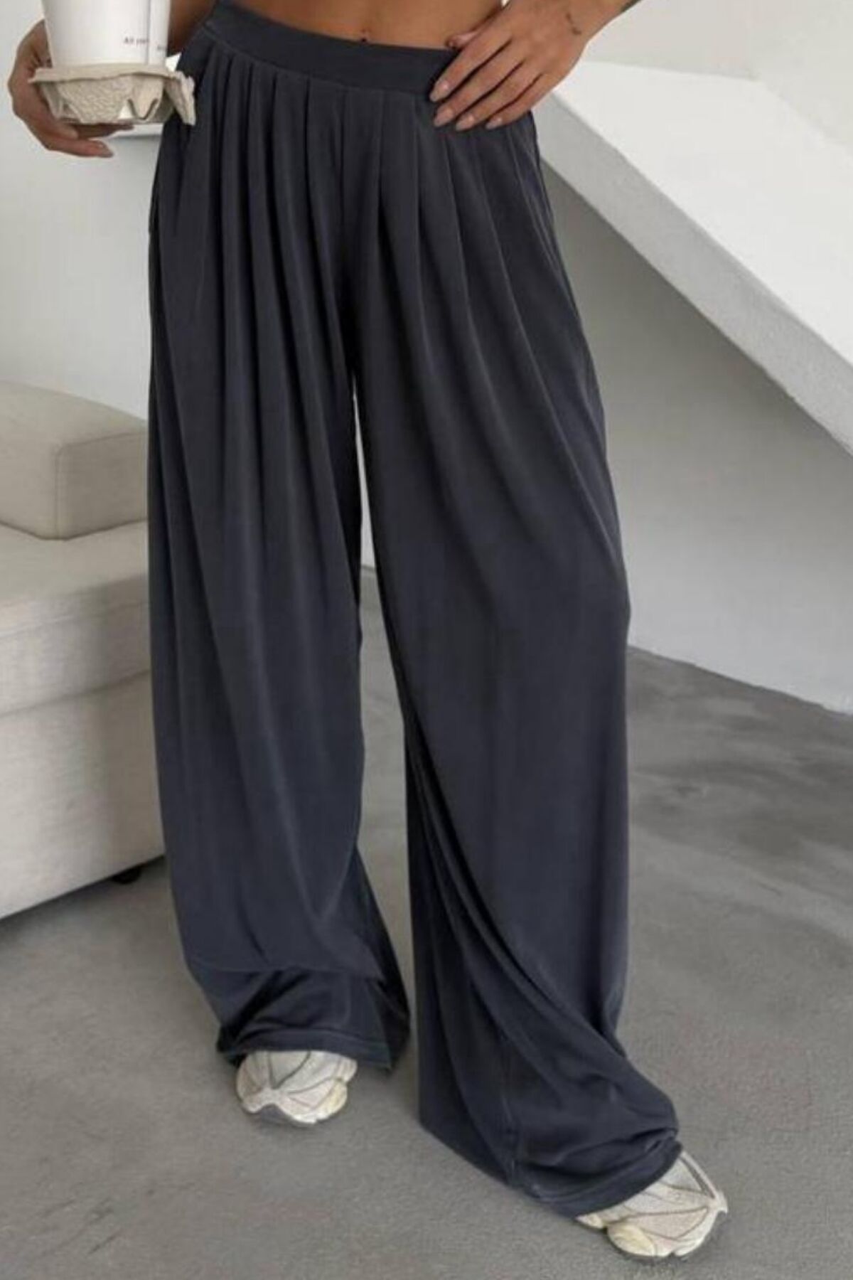 Feela Moda Premium Modal Kumaş Pileli Şalvar Kadın Pantolon 2012 42 - Antrasit