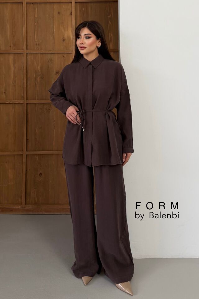 Balenbi Oversize Gömlek Yaka Bağcıklı Salaş Kesim İkili Tesettür Takım 1207 – Form Serisi Kahverengi - S/M