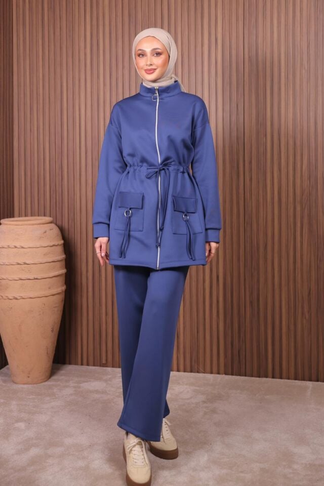 Balenbi Kadın Scuba Kumaş Cep Detaylı Fermuarlı Tesettür Takım 1120 XL - Lacivert