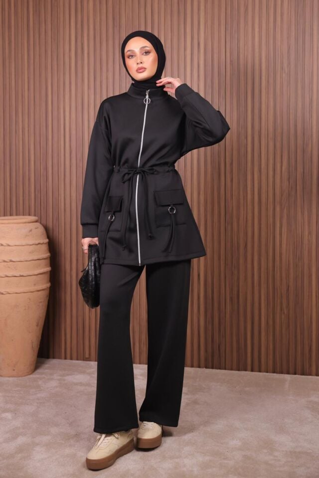 Balenbi Kadın Scuba Kumaş Cep Detaylı Fermuarlı Tesettür Takım 1120 Siyah - XL