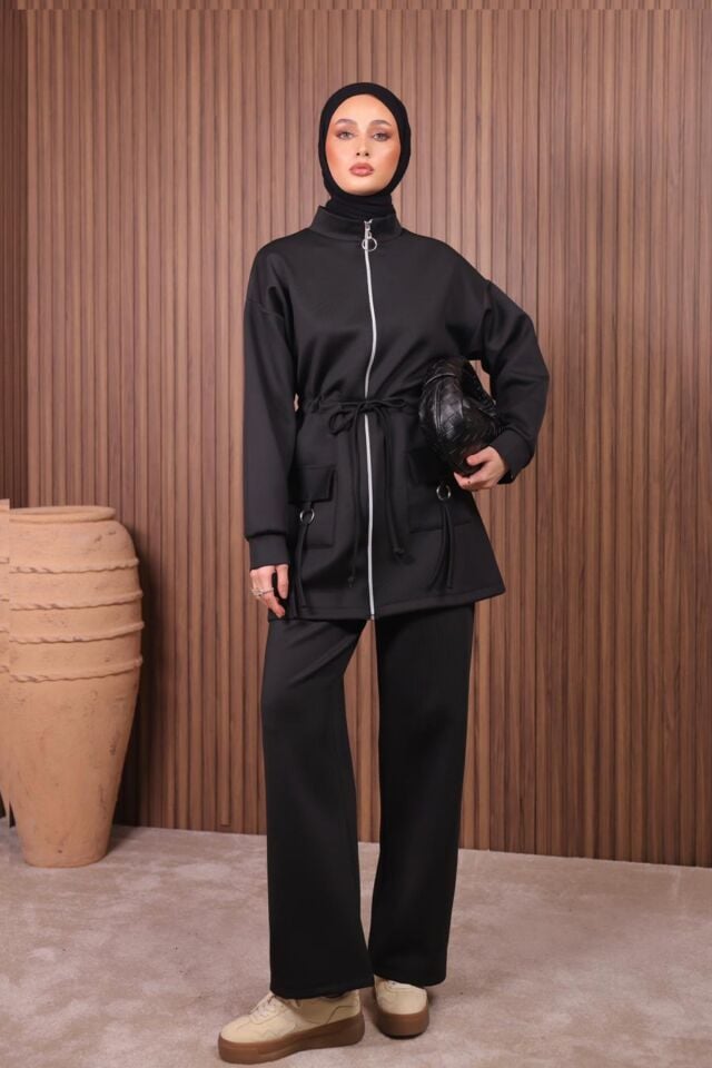 Balenbi Kadın Scuba Kumaş Cep Detaylı Fermuarlı Tesettür Takım 1120 XL - Siyah