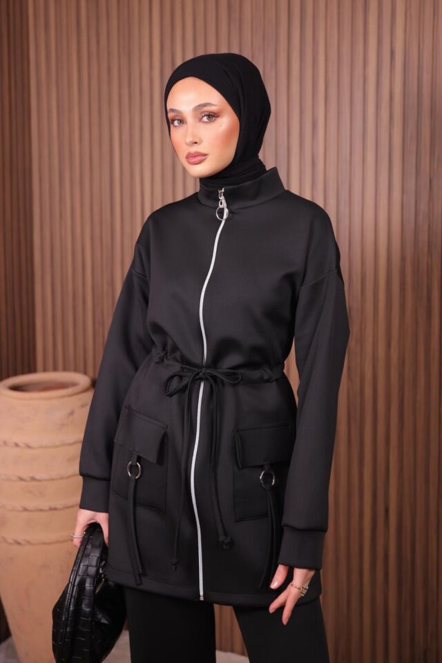 Balenbi Kadın Scuba Kumaş Cep Detaylı Fermuarlı Tesettür Takım 1120 XL - Siyah