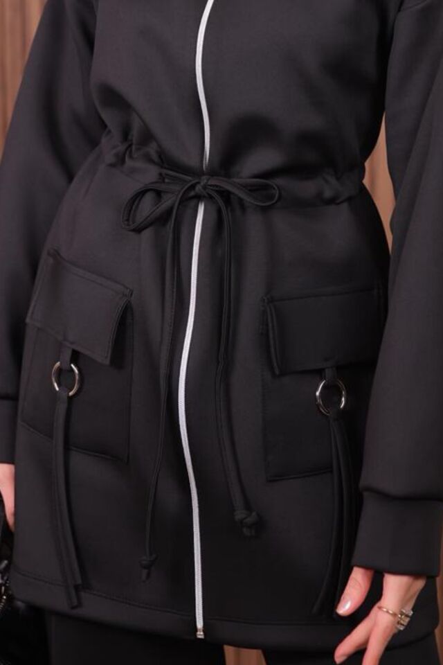 Balenbi Kadın Scuba Kumaş Cep Detaylı Fermuarlı Tesettür Takım 1120 XL - Siyah