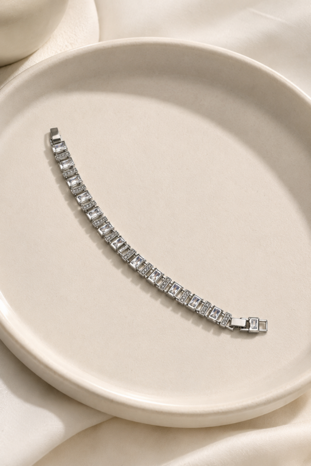 Balenbi Jewelry Kadın Baget Taşlı Geometrik Kararmaz Çelik Bileklik 1137 Gümüş