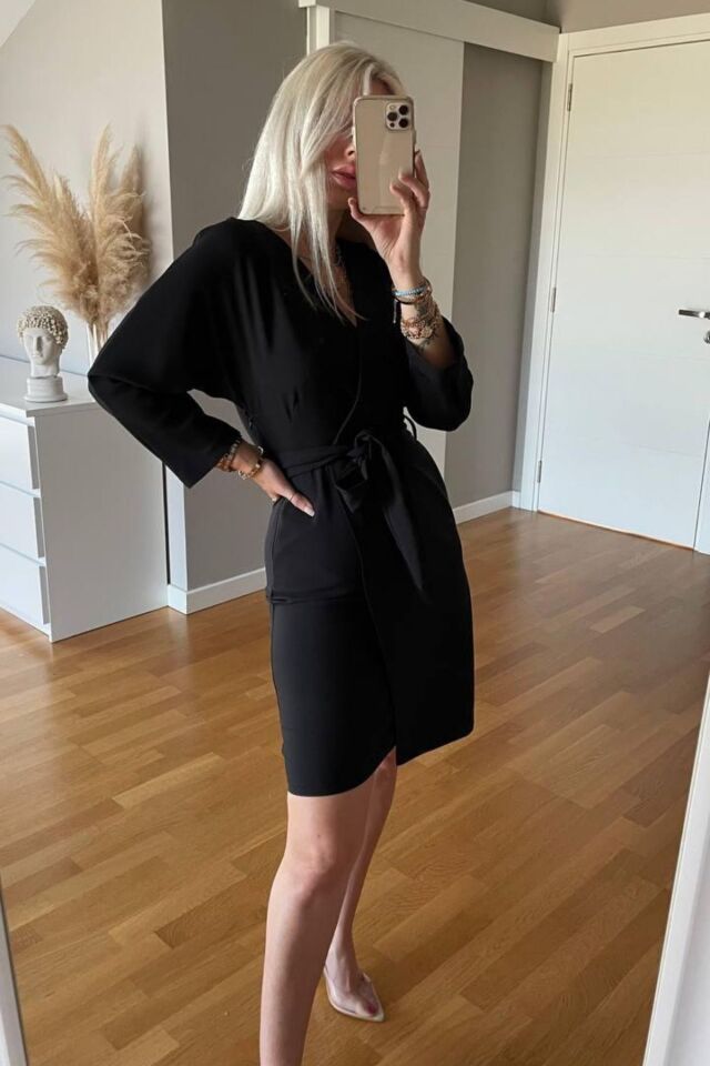 Balenbi Kadın Kruvaze Model Kuşaklı Double Krep Yazlık Elbise 1081 S - Siyah