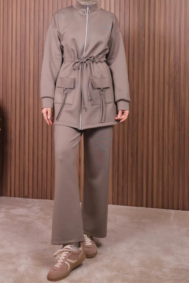 Balenbi Kadın Scuba Kumaş Cep Detaylı Fermuarlı Tesettür Takım 1120 Vizon - XL