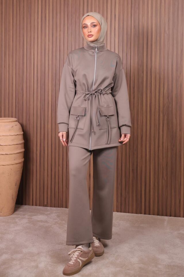 Balenbi Kadın Scuba Kumaş Cep Detaylı Fermuarlı Tesettür Takım 1120 Vizon - XL