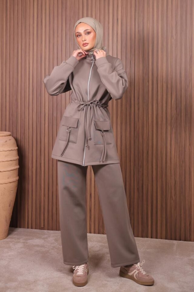 Balenbi Kadın Scuba Kumaş Cep Detaylı Fermuarlı Tesettür Takım 1120 XL - Vizon