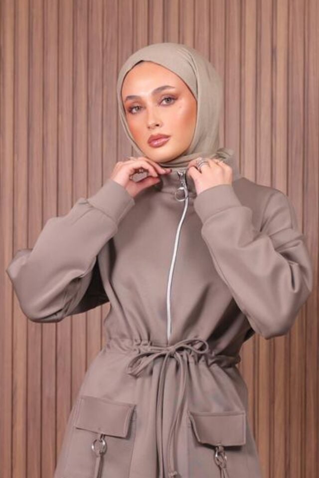 Balenbi Kadın Scuba Kumaş Cep Detaylı Fermuarlı Tesettür Takım 1120 XL - Vizon