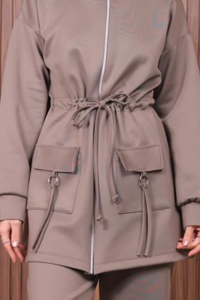 Balenbi Kadın Scuba Kumaş Cep Detaylı Fermuarlı Tesettür Takım 1120 XL - Vizon