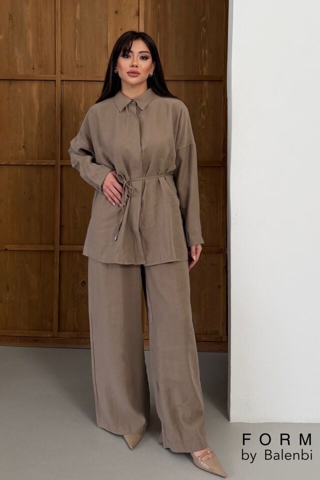 Balenbi Oversize Gömlek Yaka Bağcıklı Salaş Kesim İkili Tesettür Takım 1207 – Form Serisi Vizon - S/M