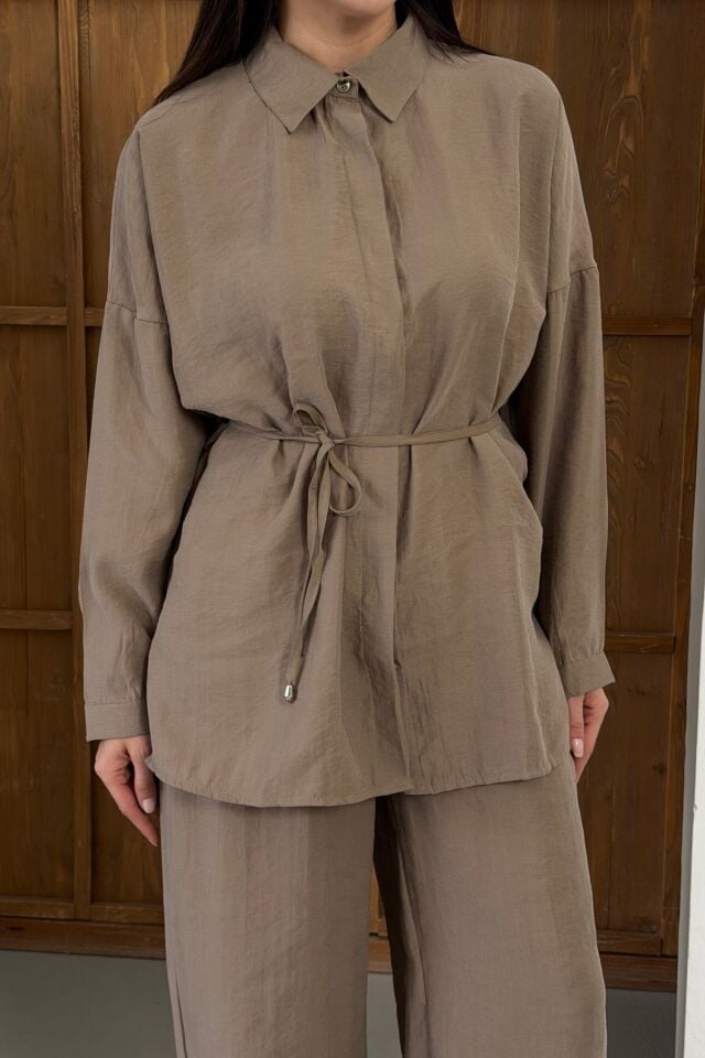 Balenbi Oversize Gömlek Yaka Bağcıklı Salaş Kesim İkili Tesettür Takım 1207 – Form Serisi Vizon - S/M