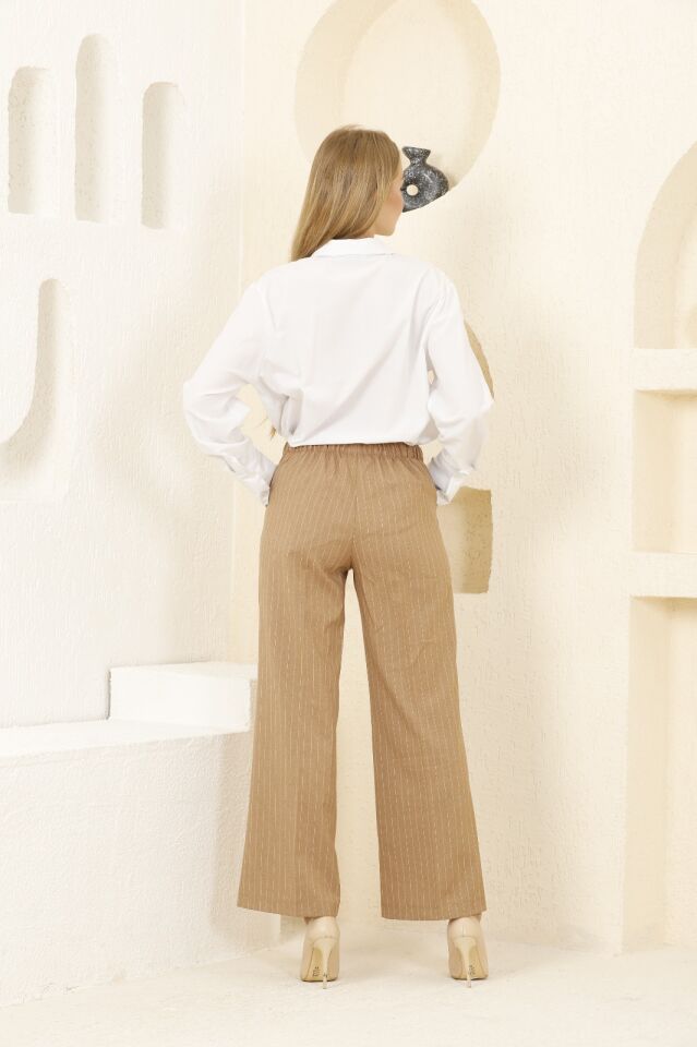 Balenbi Kadın Yüksek Bel Likralı Çizgili Palazzo Dokuma Pantolon 1087 40 - Camel