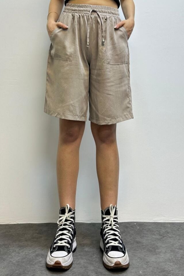 Feela Moda Kadın Bağcıklı Beli Lastikli Modal Dokuma Şort 2010 Bej - 42