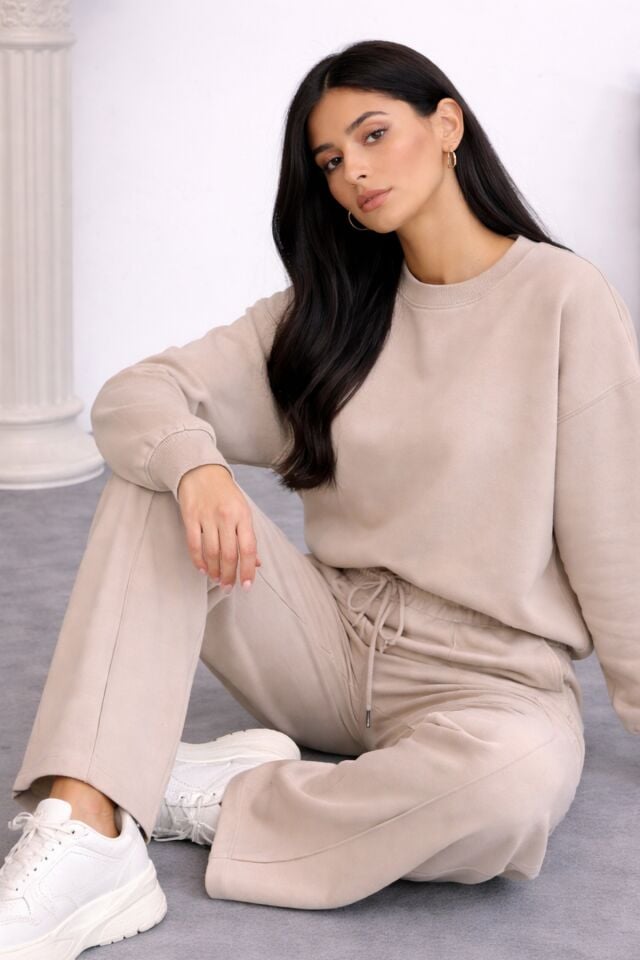 Balenbi Oversize Bisiklet Yaka Basic Modal Kadın Takım 1206 - Form Serisi Bej - L