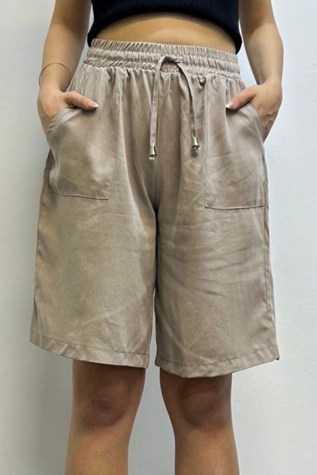 Feela Moda Kadın Bağcıklı Beli Lastikli Modal Dokuma Şort 2010 42 - Bej