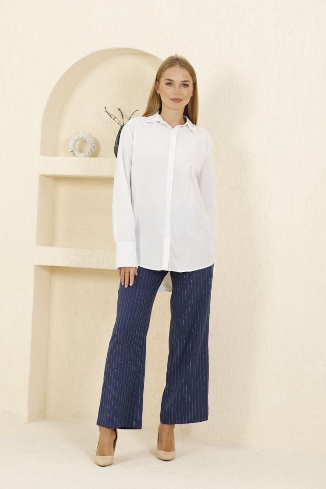 Balenbi Kadın Yüksek Bel Likralı Çizgili Palazzo Dokuma Pantolon 1087 40 - Lacivert