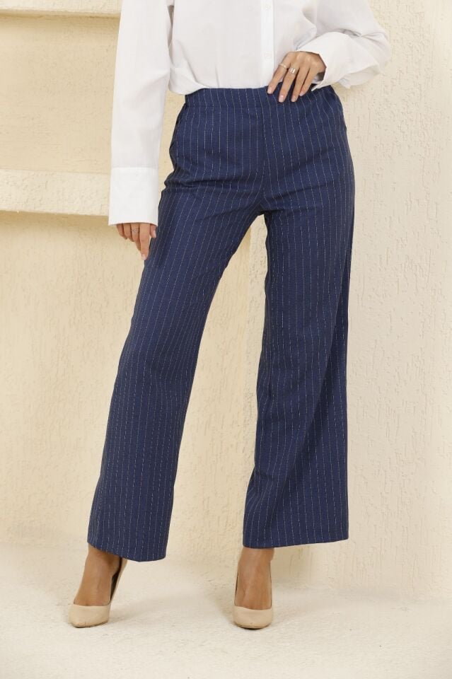 Balenbi Kadın Yüksek Bel Likralı Çizgili Palazzo Dokuma Pantolon 1087 Lacivert - 40