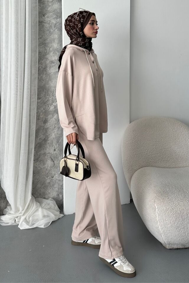 Balenbi Kadın Modal Kumaş Çıtlı Kapüşonlu Oversize Tunik Takım 1119 Bej - L