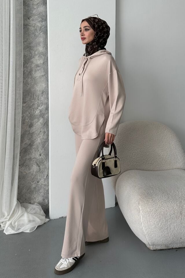 Balenbi Kadın Modal Kumaş Çıtlı Kapüşonlu Oversize Tunik Takım 1119 L - Bej