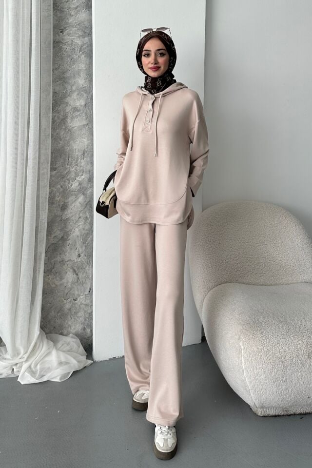 Balenbi Kadın Modal Kumaş Çıtlı Kapüşonlu Oversize Tunik Takım 1119 L - Bej