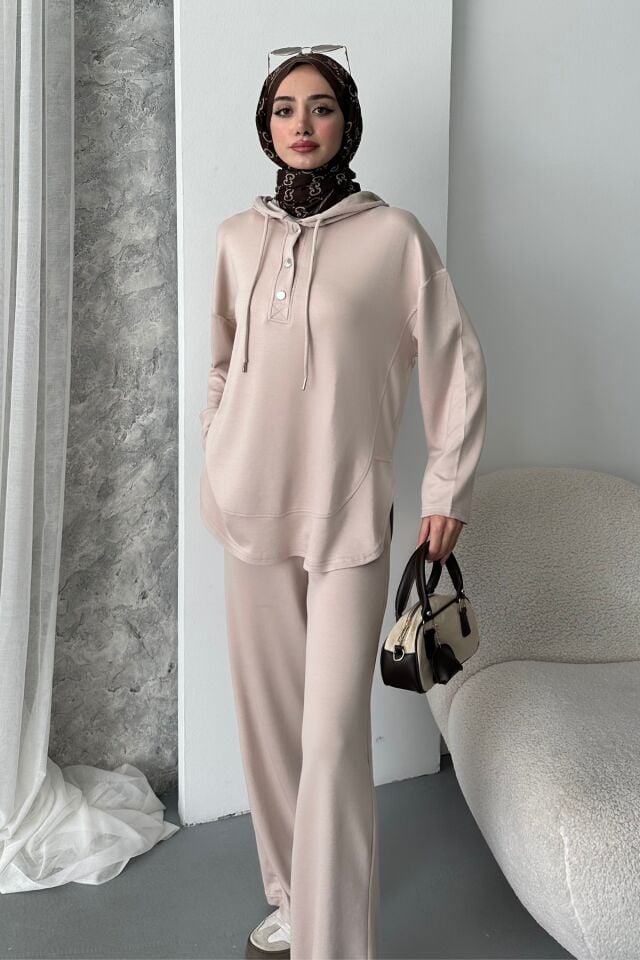 Balenbi Kadın Modal Kumaş Çıtlı Kapüşonlu Oversize Tunik Takım 1119 L - Bej