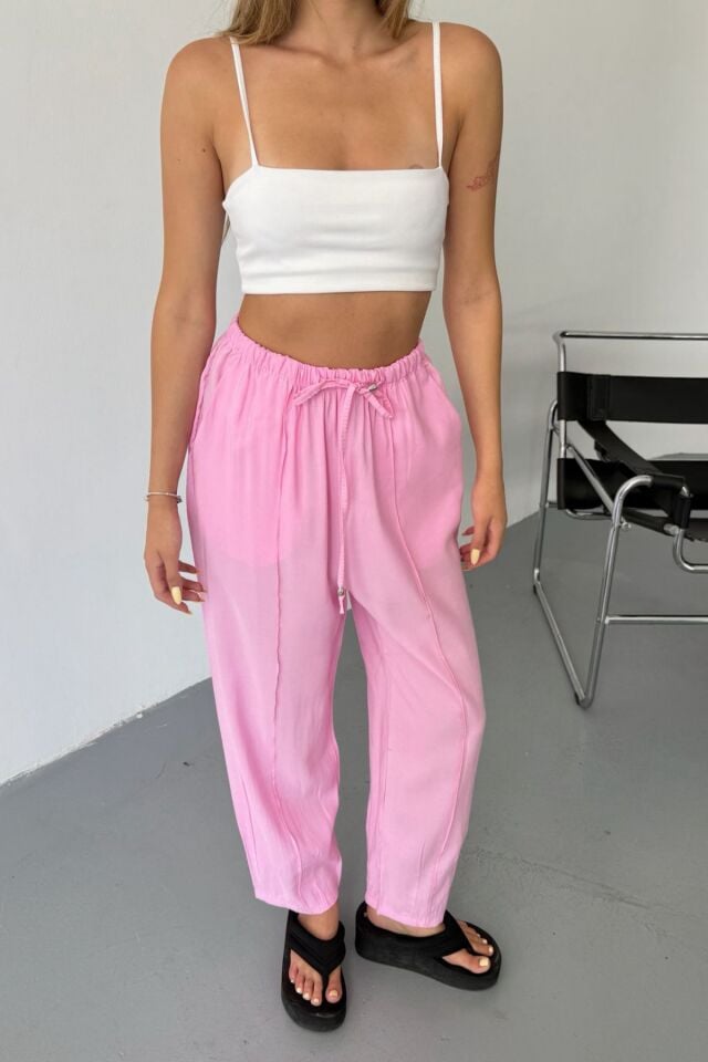 Feela Moda Kadın Modal Cupra Beli Lastikli Çımalı Şalvar Pantolon 2019 42 - Pembe